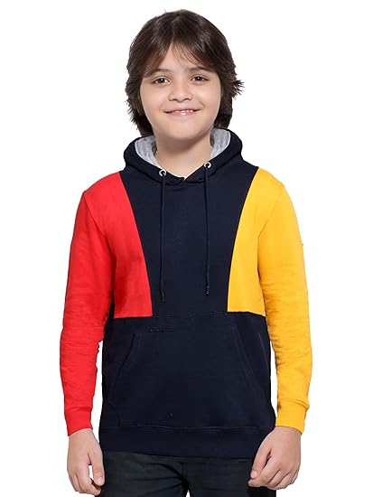 Colorblock Boy's Full Sleeve Hooded Navy and Red Cotton Sweatshirt