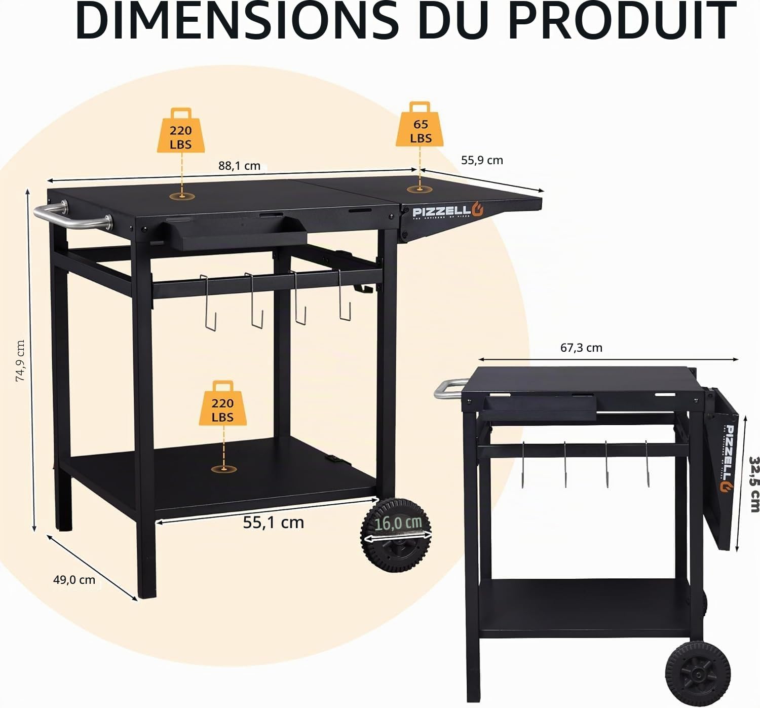 PIZZELLO Chariot pour barbecue et station de préparation extérieure, table à pizza avec roues de rangement, crochets poignée comptoir convertible, noir