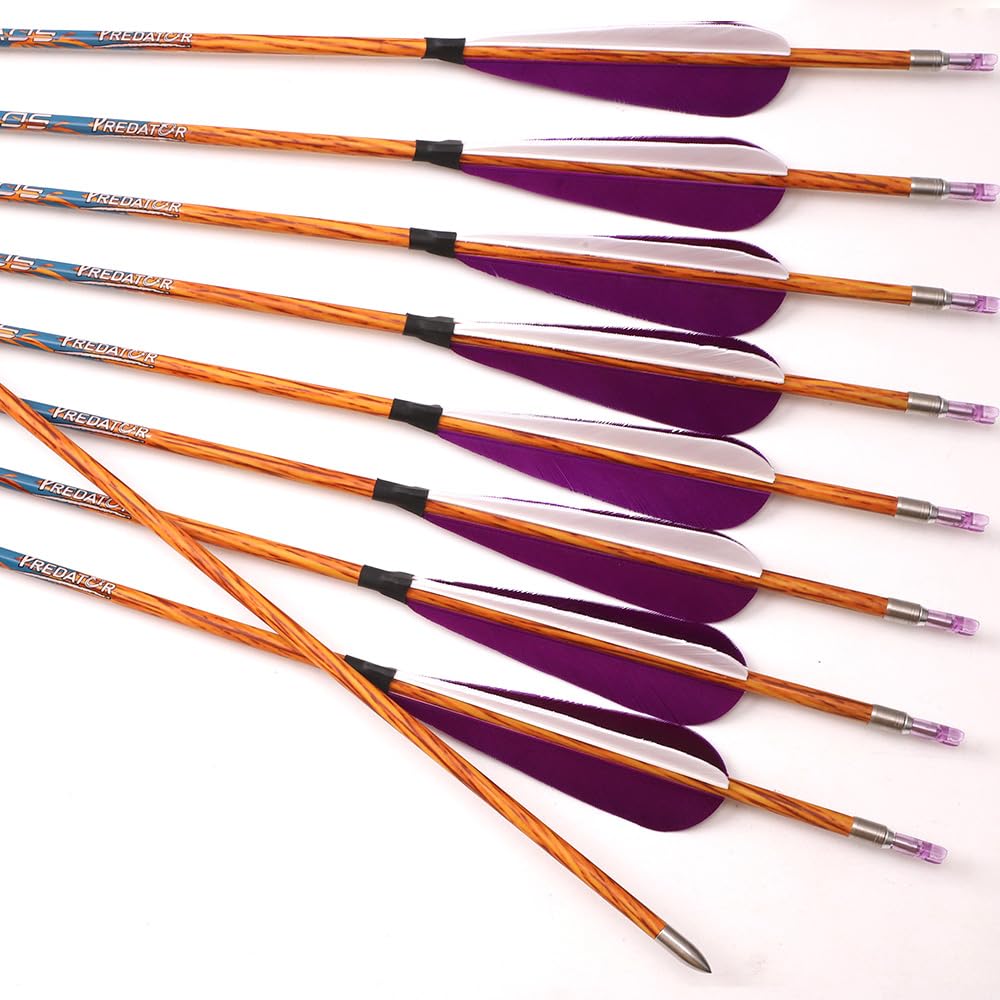 12 Pezzi Viola Bianco Piuma Frecce da Caccia Spine 500 600 700 800 900 1000 Simile al Legno Freccia con Albero in Carbonio ID 4,2 mm per Caccia Pratica Tiro con L'Arco