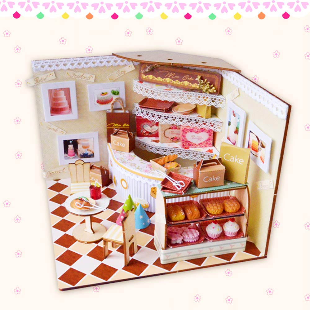 Roroom DIY Miniature and Furniture Dollhouse Kit,Mini 3D Wooden Doll House Craft Model Scenes Style with Dust Proof Cover and LED,Creative Room Idea for Valentine's Day Birthday Gift?Cake Shop?