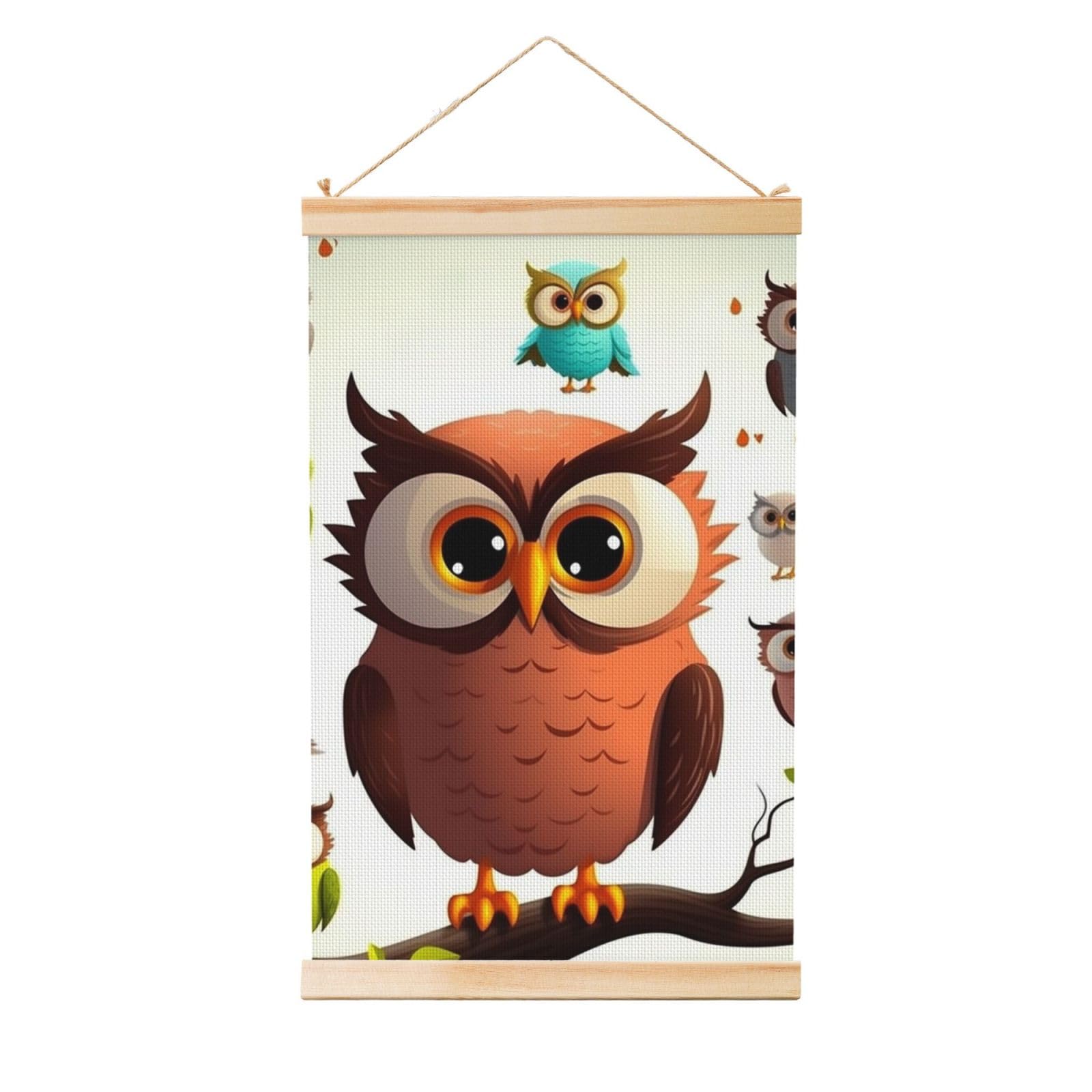 cartoon owl Posters Wooden Shaft Hanging Poster Canvas Prints Scroll Wall Art Painting Vintage Wall Banner Modern Artwork Decor for Home Decor Ready to Hang 12"x18"