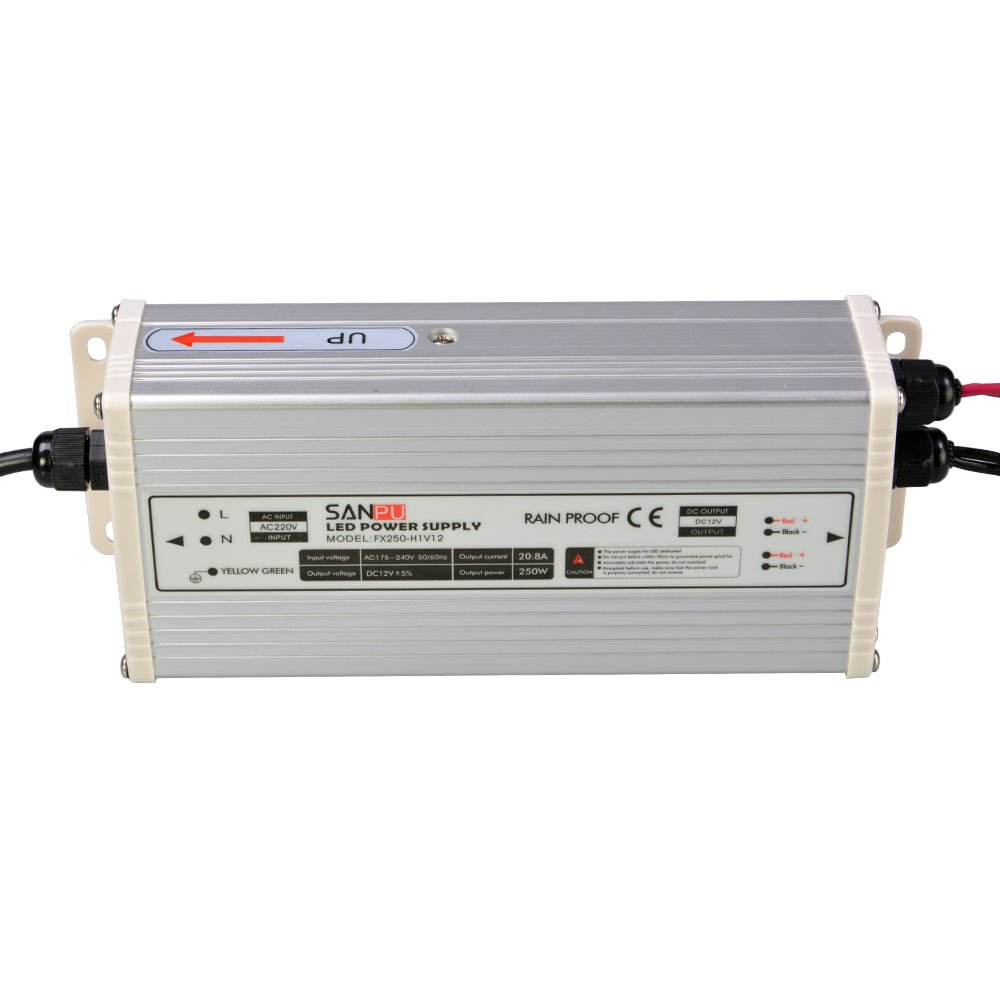Alimentatore LED 12V 20A 250W Interruttore di tensione costante Modalità Driver Trasformatore 220V AC Input Rain Proof IP63 per LED Barre luminose (SANPU FX250-H1V12)