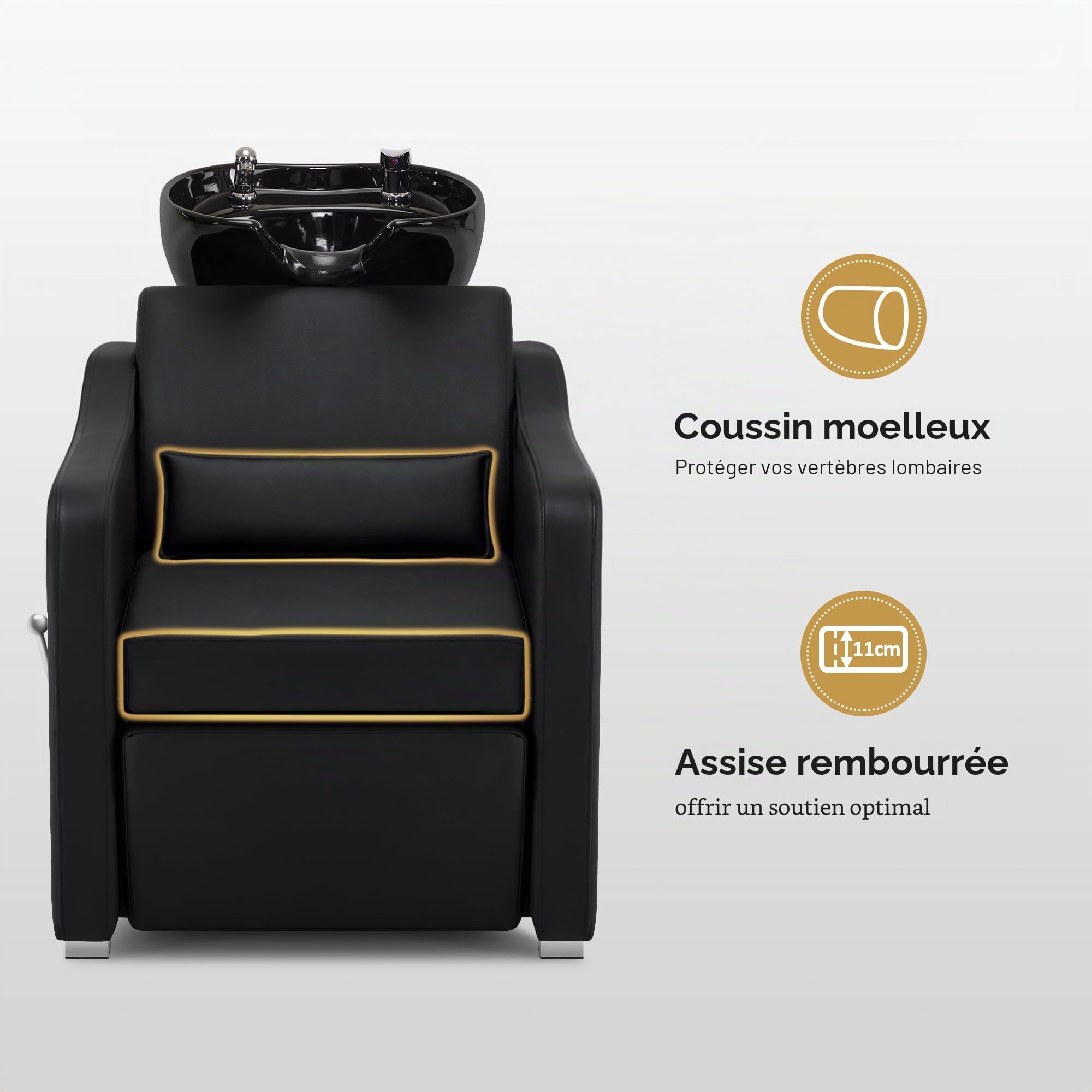 Barberpub Fauteuil de Coiffeur avec lavabo, Repose-Pieds Pliable, lavabo réglable en céramique, pour Salon de Spa, Coiffeur, Salle de Bain 8675 (Noir)