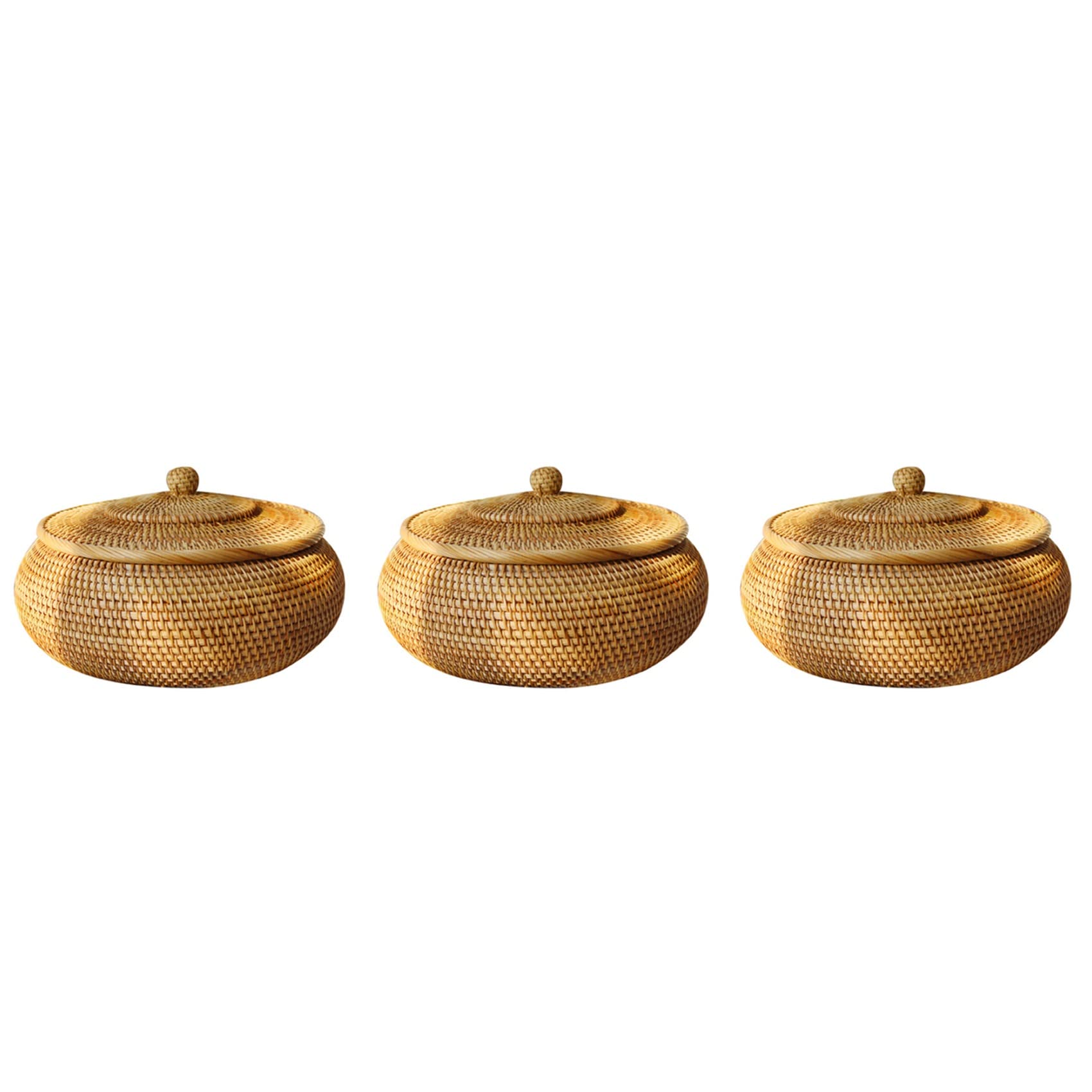 Hndhbfgrt 3X Round Rattan Box,Wicker Fruit Basket with Lid Bread Basket Tray Storage Basket Willow Woven Basket for Bread, Snack