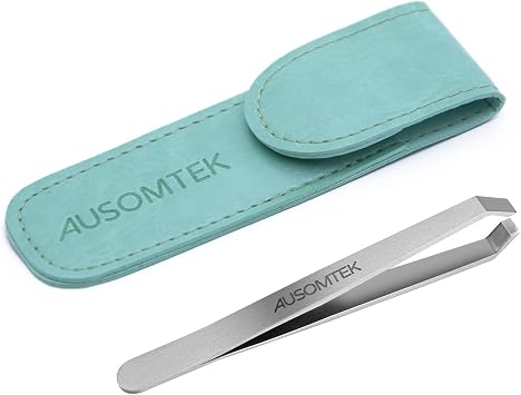 AUSOMTEK Beard Tweezers, Facial Hair Removal Tweezers, Stainless Steel, Fine Hair Tweezers, Eyebrow Tool, 5mm Precision Tip Width, Cyan PU Case 1 Piece