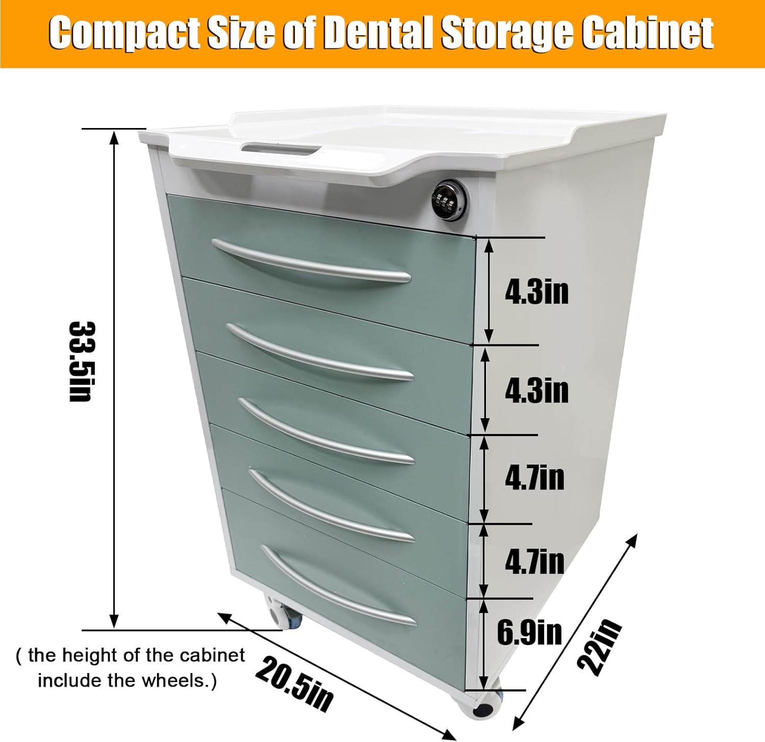 Mobile Dental Storage Cabinet Stainless Steel Medical Assistant Utility Cabinet with 5-Drawer & 2 Divider Trays Utility Storage Cart for Clinic Hospital Office School Home, Light Green Color