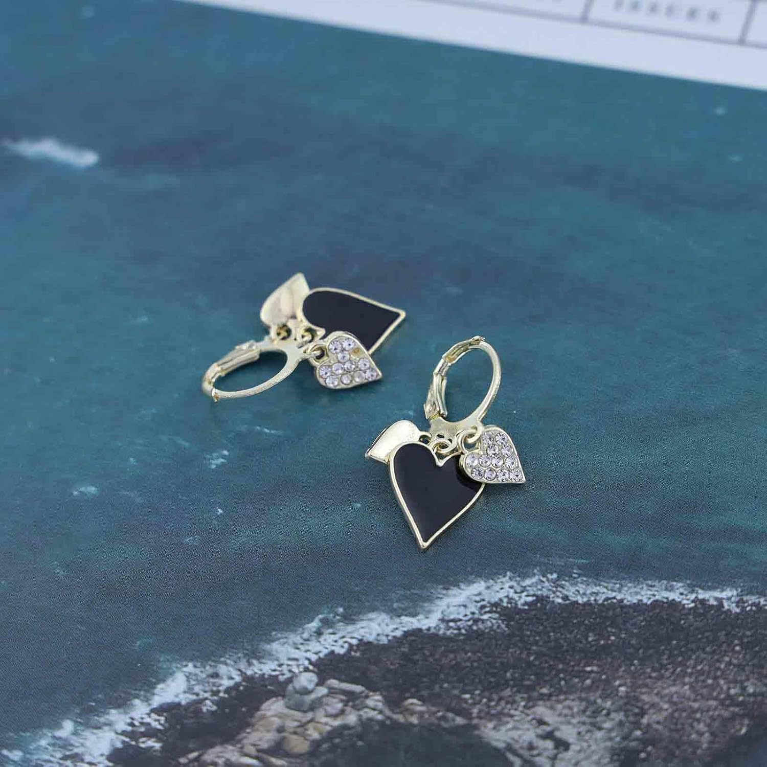 Vintage Crystal Heart Huggie Hoop Earrings Gold Rhinestone Heart Drop Earrings Black Love Dangle Earrings Love Heart Drop Hoop Earrings Jewellery for Women - Image 7