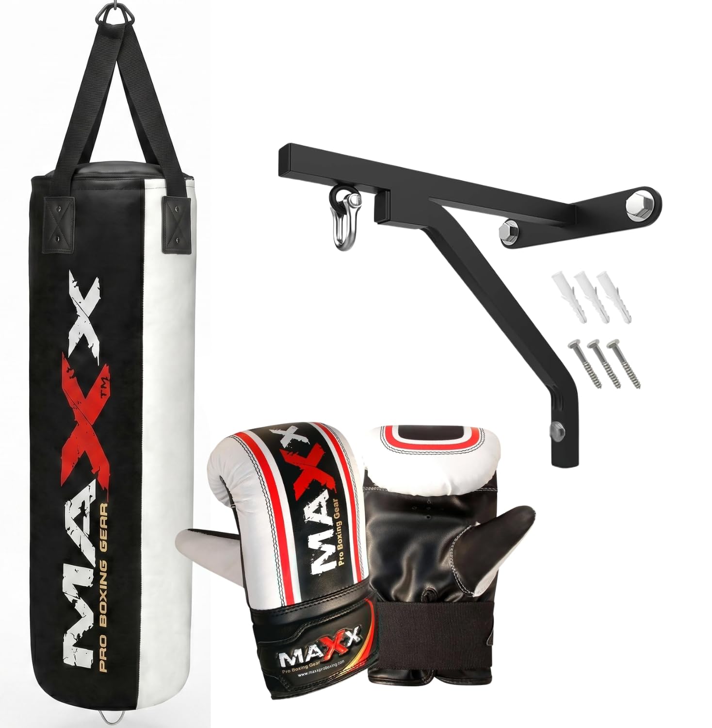 Maxx Black/White Heavy Duty Punch Bags - Uppercut, Triple, Angle, Wrecking & More (3FT, BAG WITH BRACKET+MITTS)