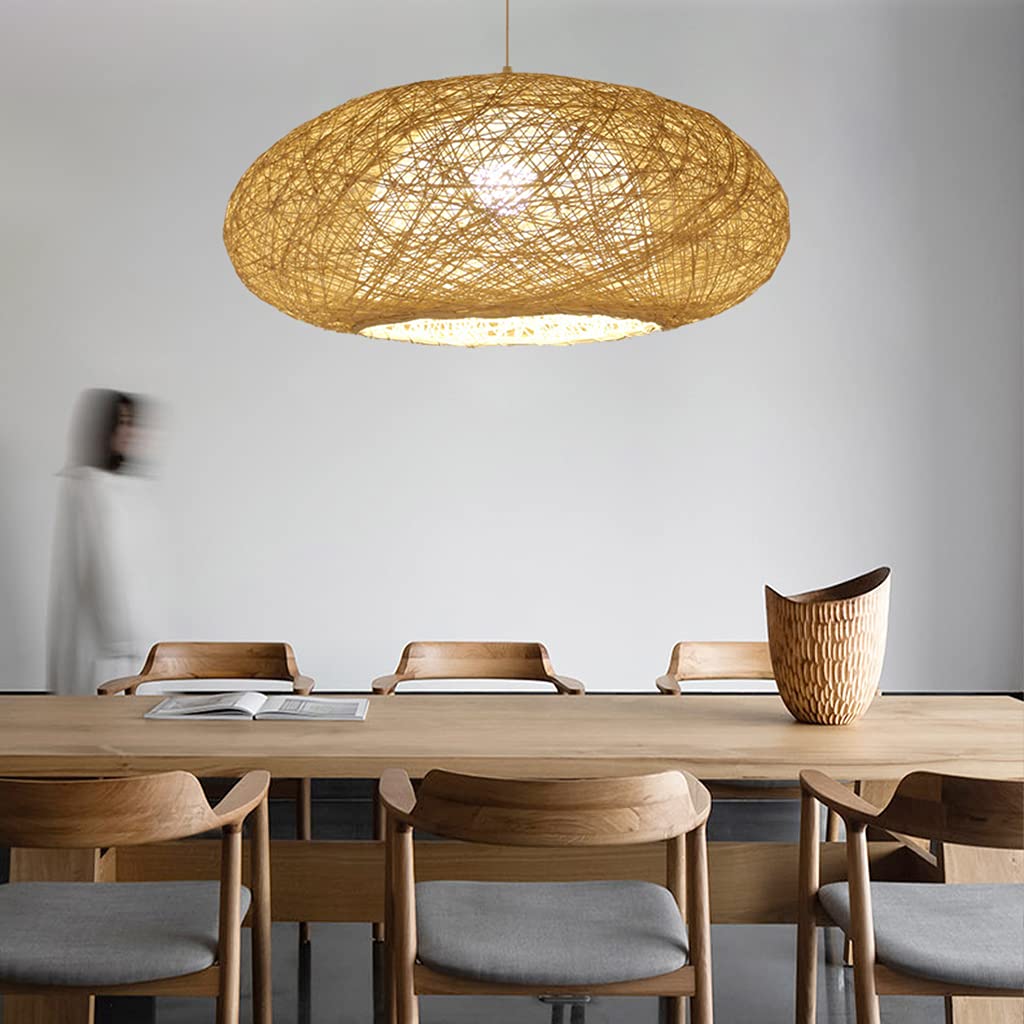 Suspension Rotin Bambou Vintage 40 Cm – Lustre Naturel Tressé Main, E27 Réglable Hauteur