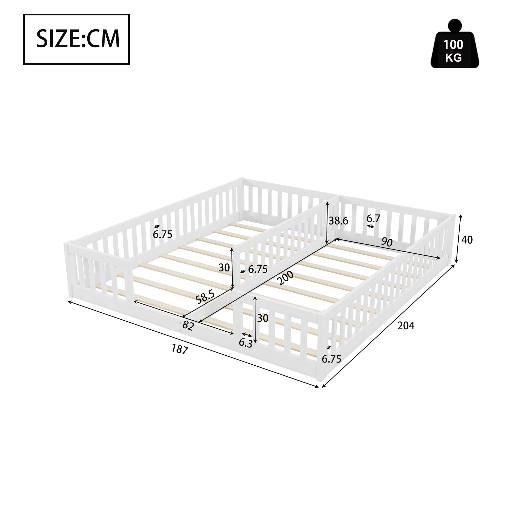 Montessori Letto a Terra per Bambini 90 x 200 cm, Lettino per bambini con Sponda e Rete a doghe, Letto Piazza e Mezza per Bambini, Struttura in Legno di Pino