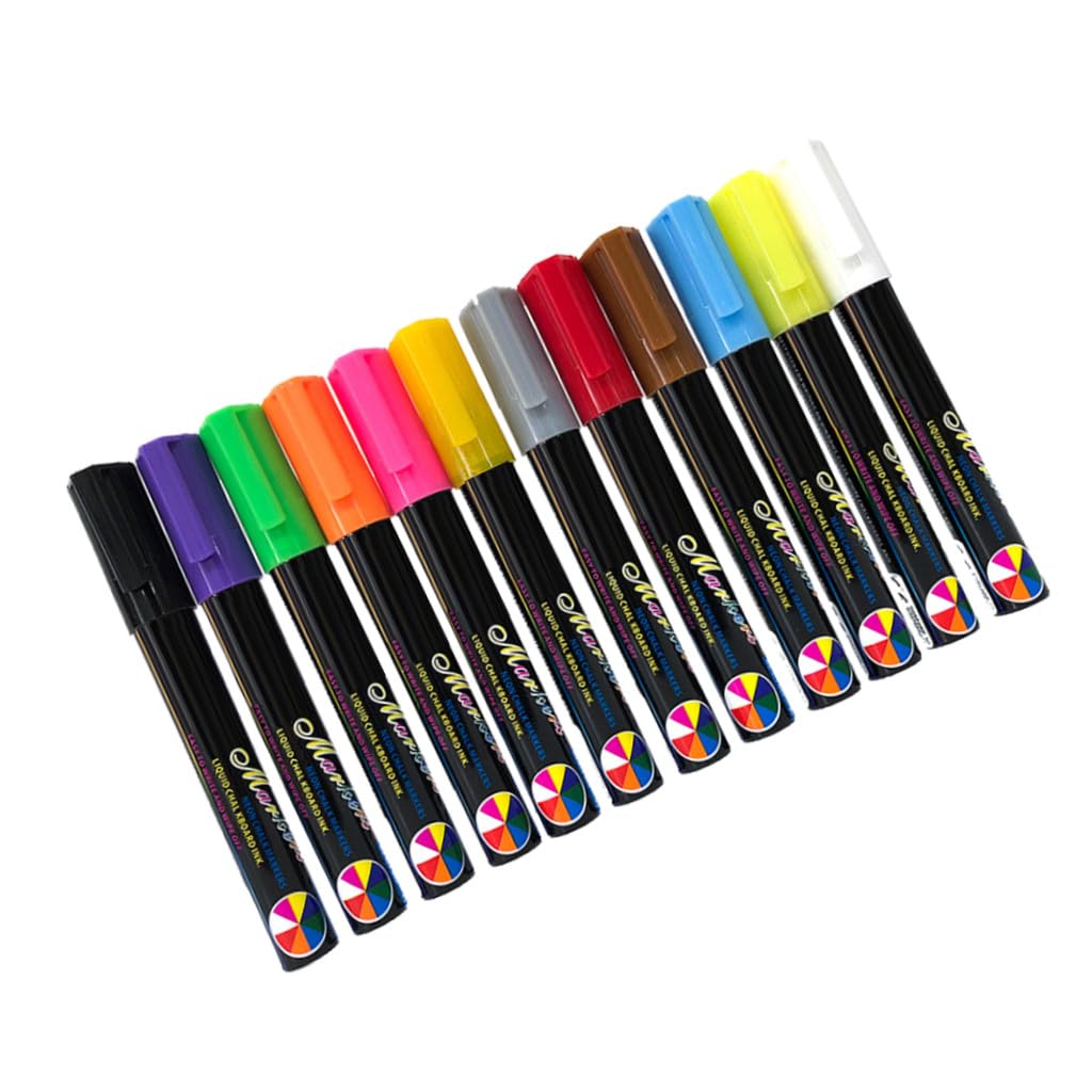 MAGICLULU Rotulador Fluorescente para Pizarra Líquida, 12 Piezas Borrables | Plástico y Tinta Líquida, Compatible Tablero LED Fluorescente, Uso en Cumpleaños y Navidad