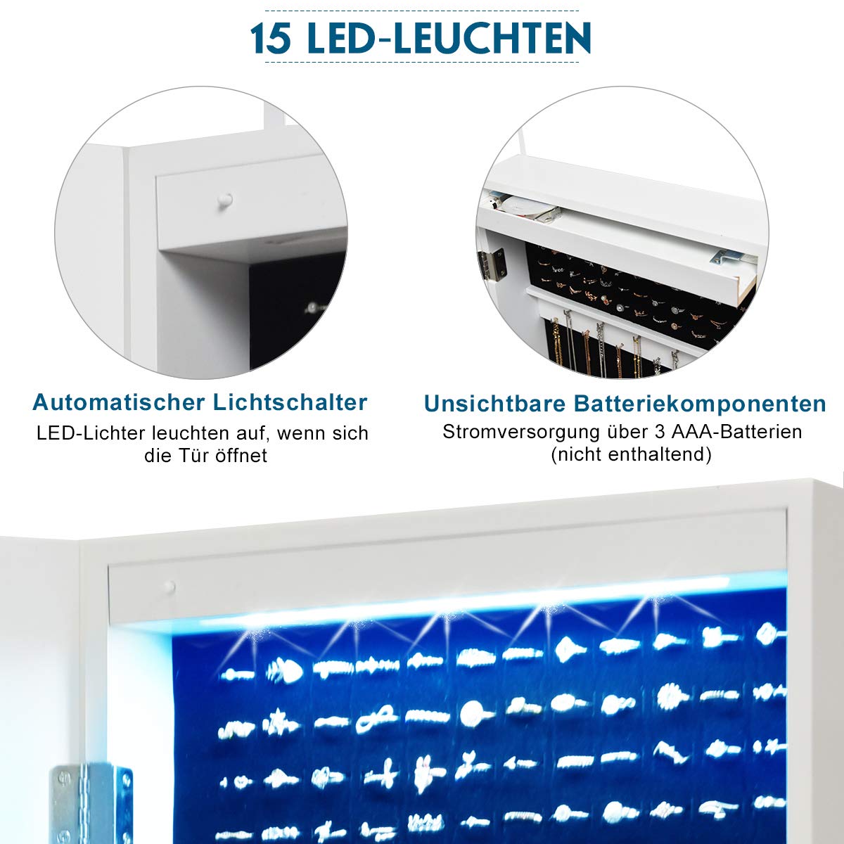 COSTWAY Schmuckschrank mit 15 LED Leuchten, Spiegelschrank mit Tür- und Wandmontage, Schmuckkasten mit Ganzkörperspiegel, Schmuckregal für Ringe, Kettenhaken und Ohrringe, inkl.2 Schlüssel (Beige)