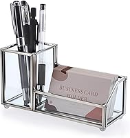 Vista 11 de Hipiwe Tarjetero de cristal para tarjetas de presentación de metal, para lápices, para escritorio, transparente, para oficina y hogar, 2 ranuras