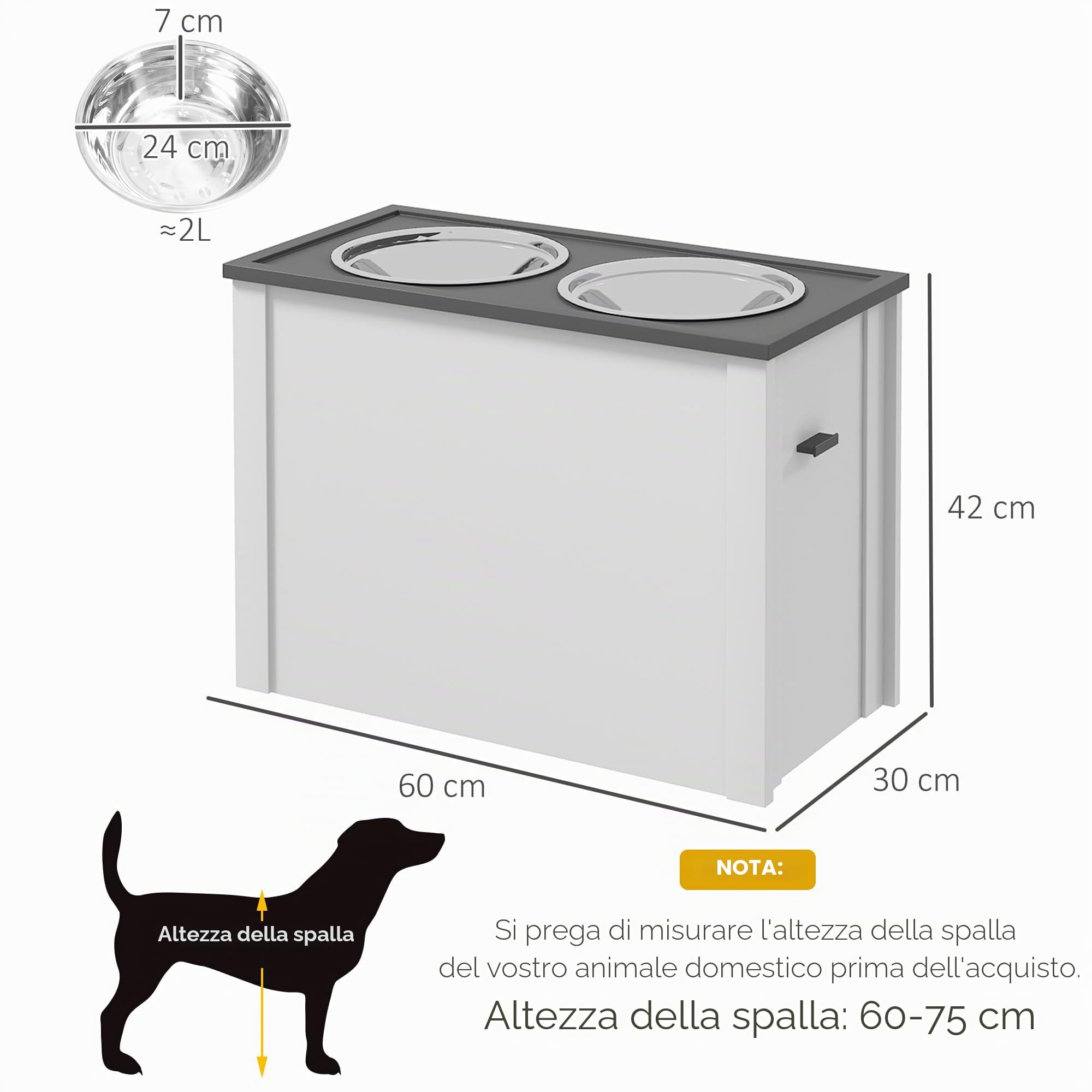 Ciotola per cani PawHut, stazione di alimentazione per cani con spazio di archiviazione, ciotola per l'acqua, supporto per ciotola con ciotole in acciaio inox da 2 litri, supporto per ciotola per