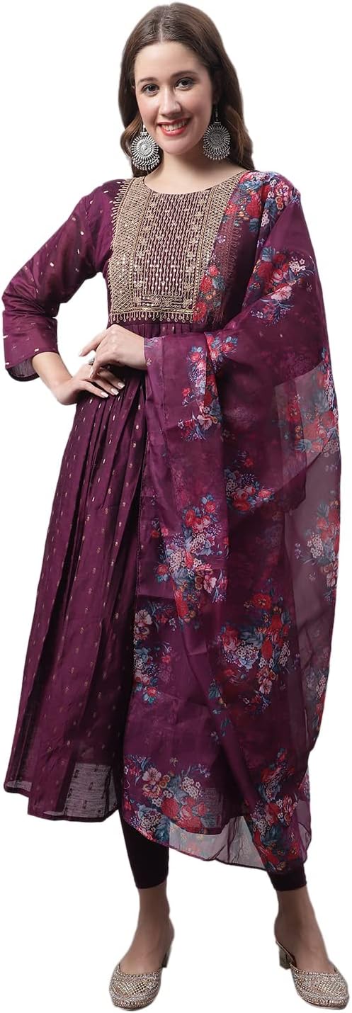 Women's Chanderi Modal Butti Kurta with Stretchable Leggings & Organza Dupatta Set
