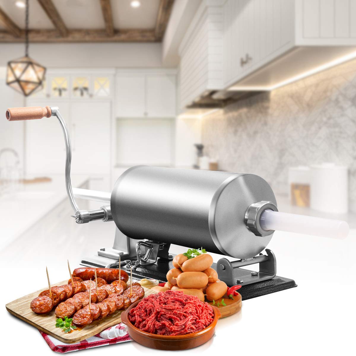 COSTWAY 4 kg Insaccatrice per Salsiccia, Macchina per la Produzione di Salsicce, Insaccatrice Manuale per Uso Domestico, Salsicce Siringa con 4 Tubi di Riempimento