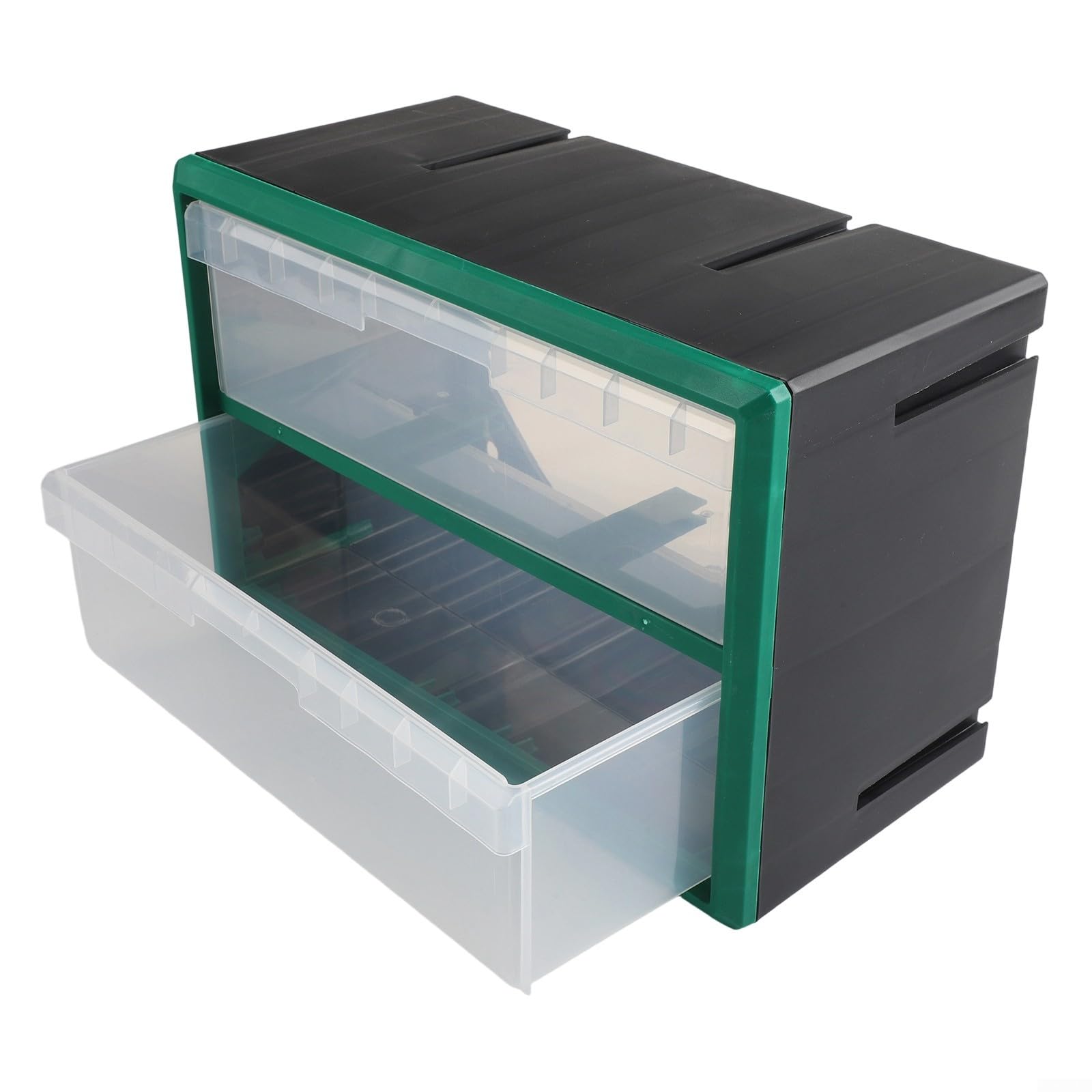Caja de almacenamiento de plástico apilable para piezas de cajones y herrajes para gabinetes con soporte de pared, para organizar herramientas en talleres, garajes y fábricas (verde)