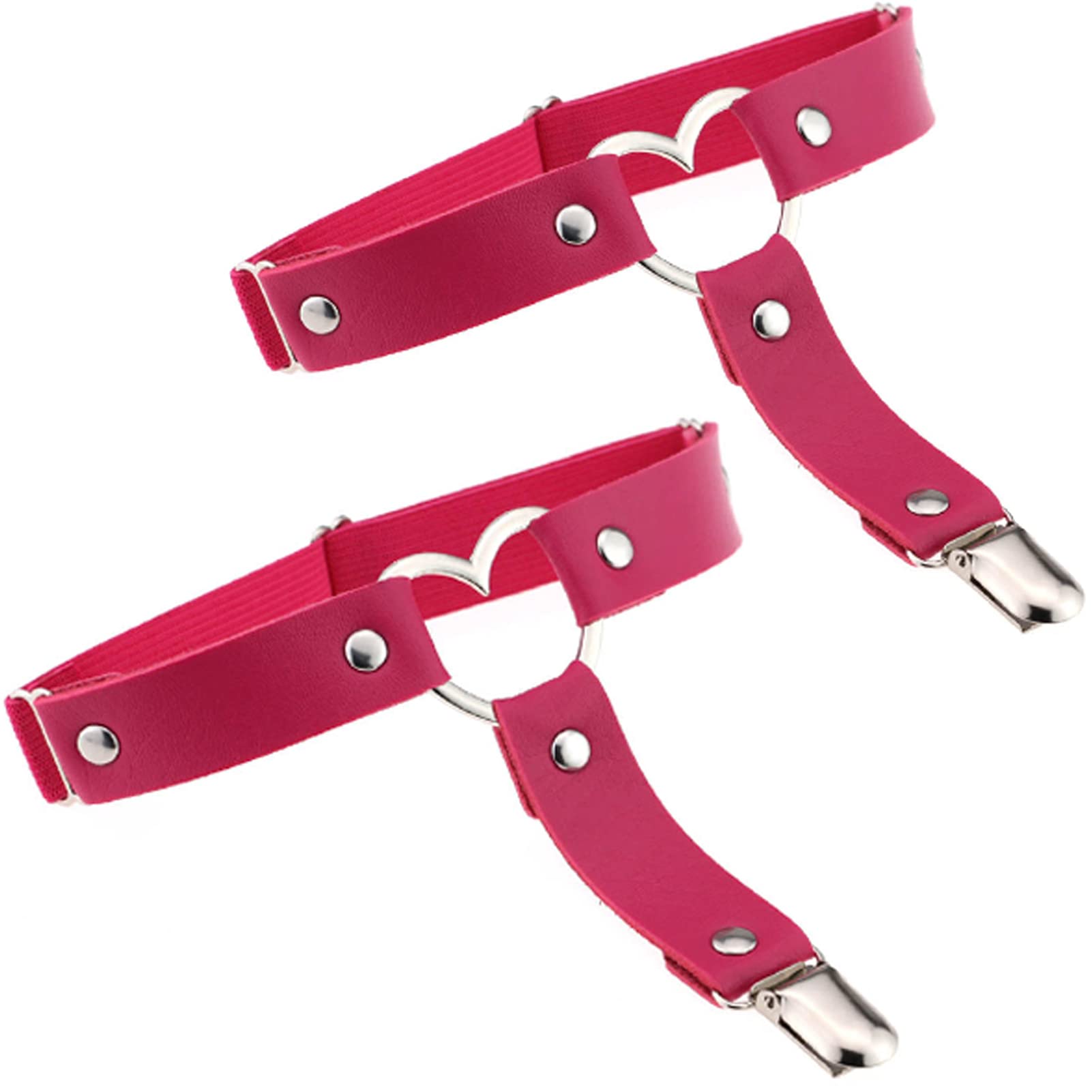 Adove Women's 2P Rosered Heart-Shaped Adjustable Leather Thigh Garter, Heart Shaped Leg Garter With Clips Punk Goth Garters For Thigh High Socks