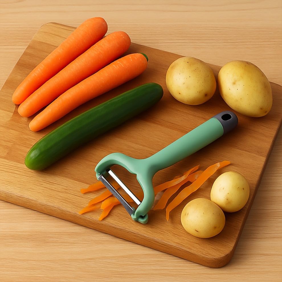 Image of SUPERMOM Kitchen Tool 2 Pc - Combo of Stainless Steel Cut & Chop Veggies Slicer with Plastic Fruit & Vegetable Peeler, Sharp Stainless Steel Blade, Comfortable Grip Handle for Cutting, Peeling & More