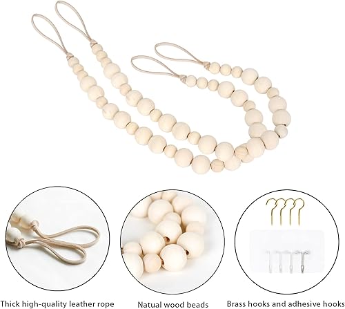Miniatura 5 de OCIOLI 2 alzapaños de cortina con cuentas de madera, estilo bohemio, sujetadores de cortina para cortina de pared, lazos de cortina con ganchos