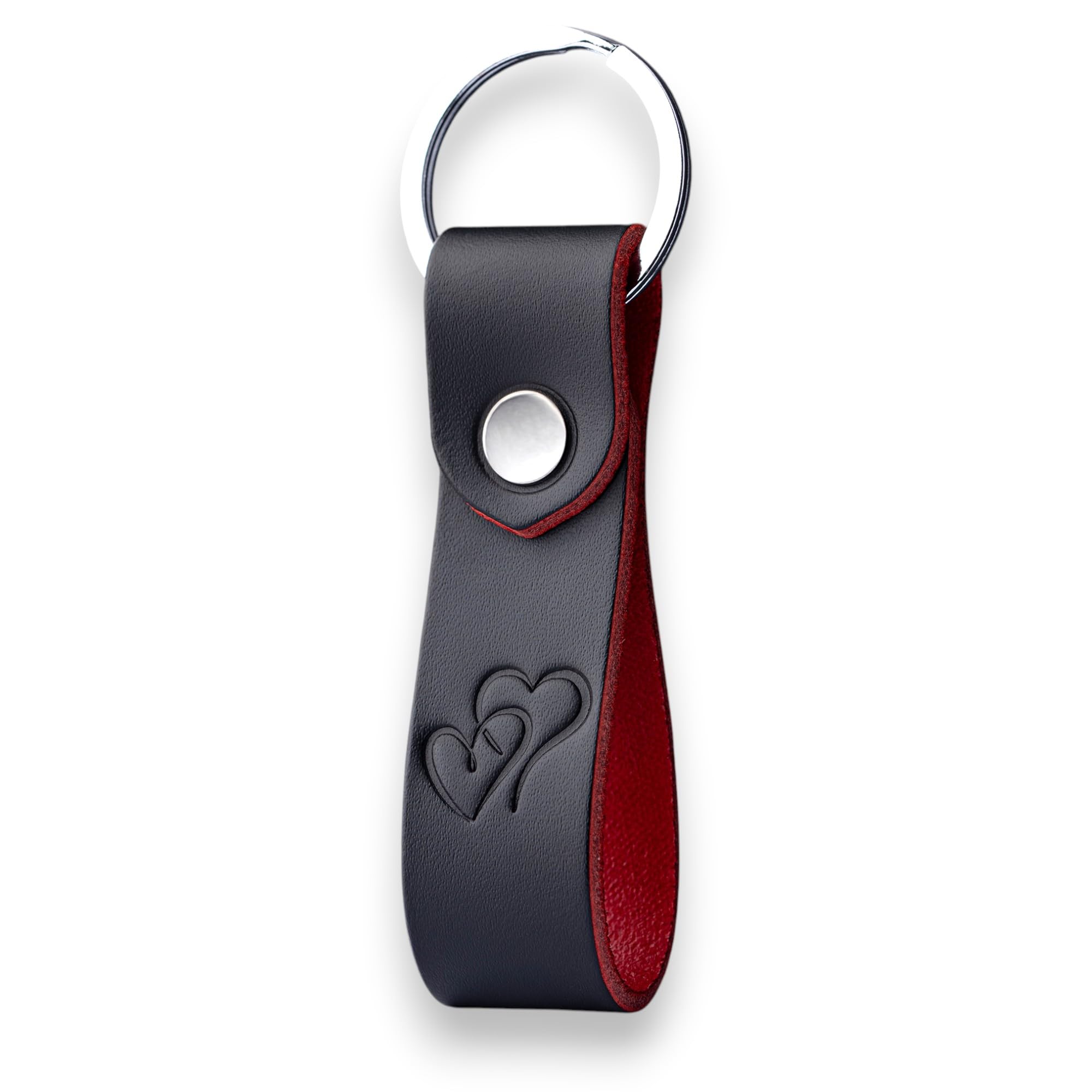 MAGOR Full Grain Leather Keyring, Elegant Black Key Ring with Red Interior, Car and Home Keychain, Hot Embossed Design, Personalised Premium Gift for Him or Her (Hearts)