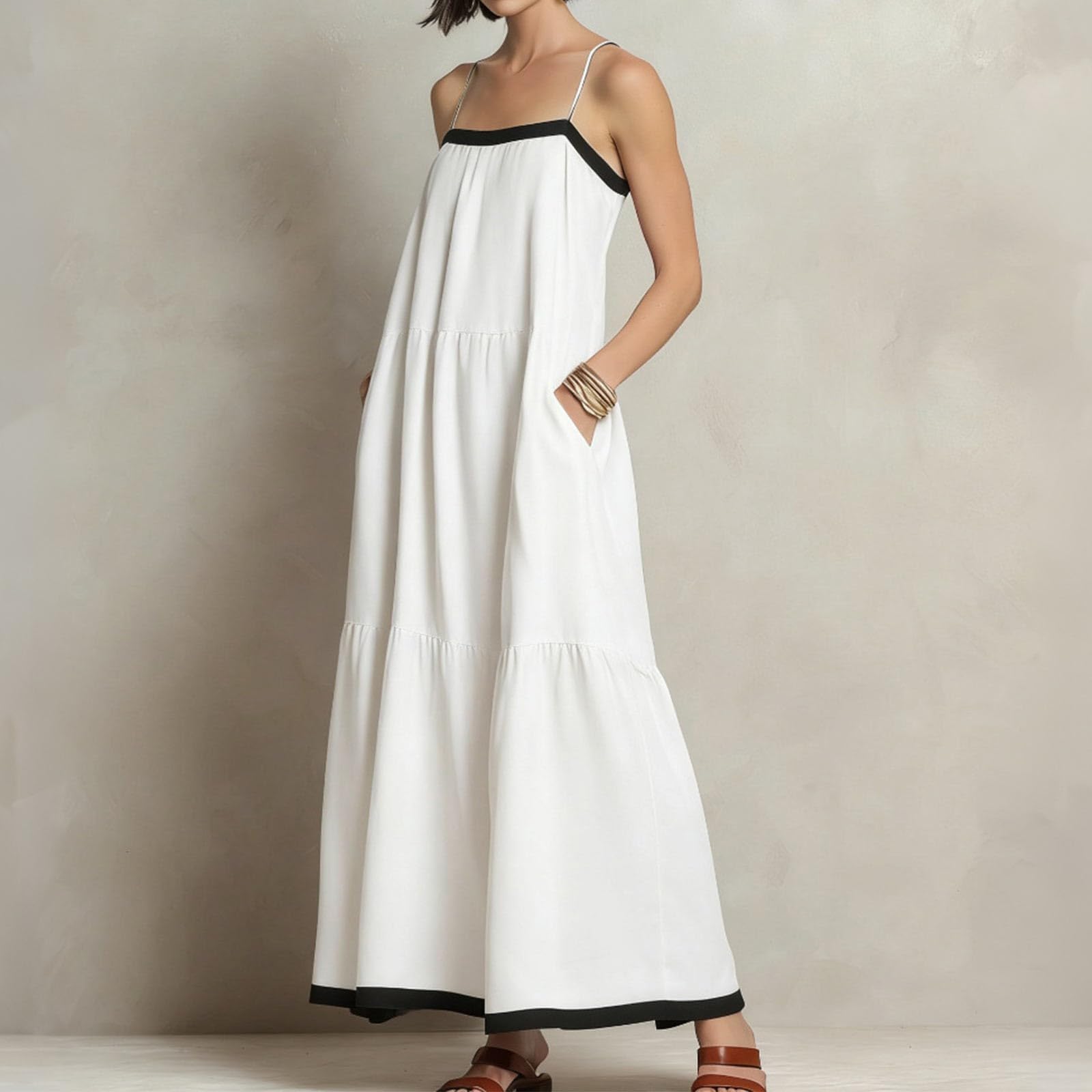 Elegante Vestido de Tirantes para Tallas Grandes, Ligero, Estilo Resort, Corte en A, Ideal para Viajes, con Ajuste Relajado y Ambiente Veraniego.