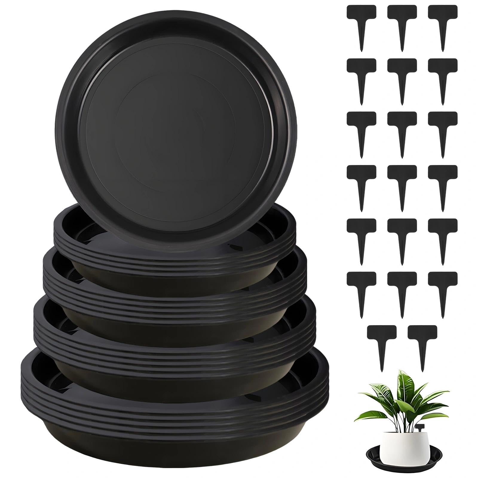 20 Pack Plant Pot Saucers, Heavy Duty Plastic Plants Trays for Pots (4 Sizes 14/16/18/20cm) Including Plant Tags, Round Flower Pot Drip Trays, Waterproof Saucers for Indoors Outdoors Garden, (Black)