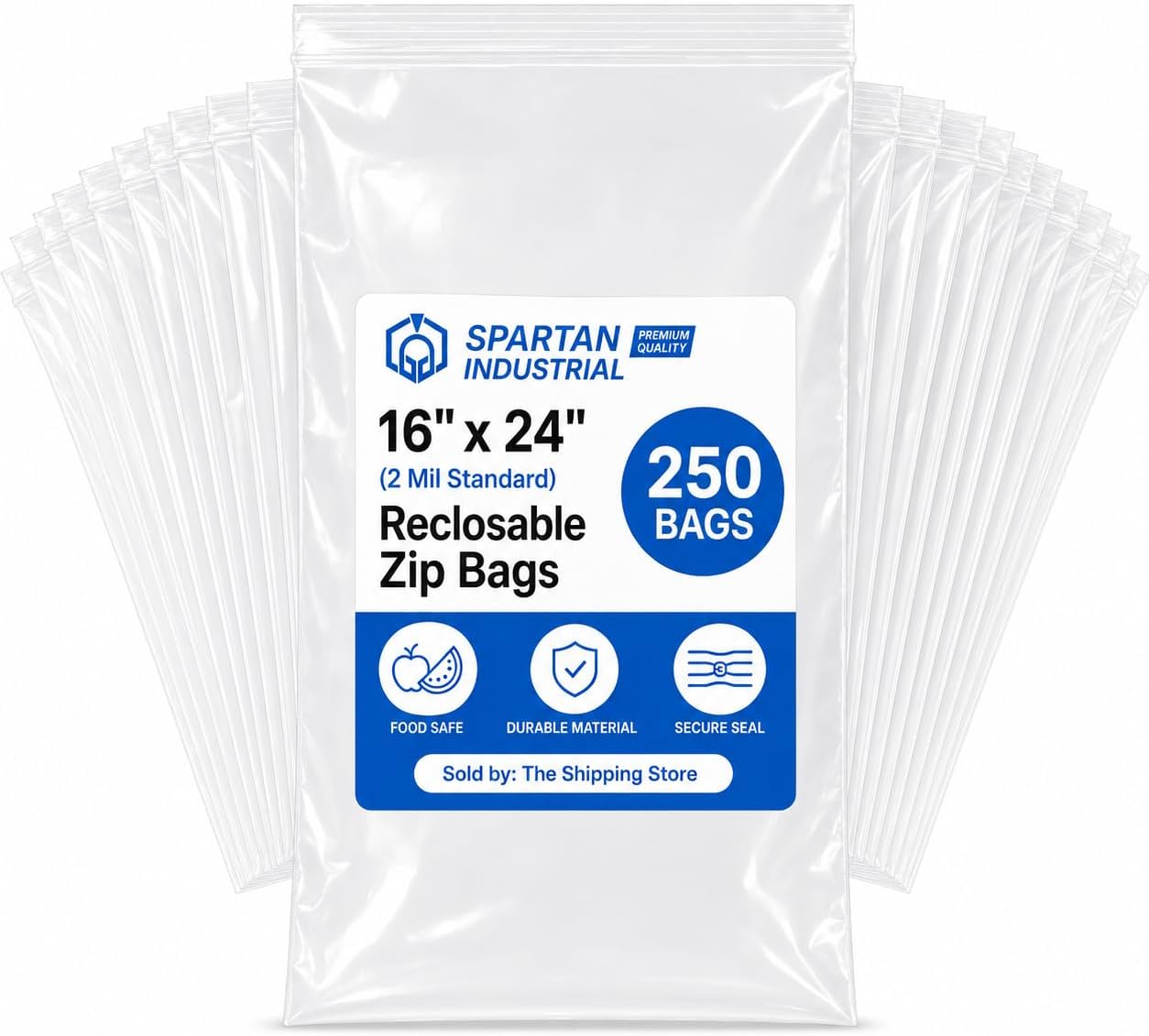 Spartan Industrial – 16” X 24” (250 Count) 2 Mil Clear Reclosable Zip Plastic Poly Bags with Resealable Lock Seal Zipper