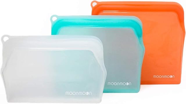 Moonmoon Reusable Silicone Food Bags | Leakproof Fridge & Freezer Storage | Resealable Pouches for Sandwiches, Snacks, Soup & Zero Waste Shopping (Set of 3). Plastic Free.