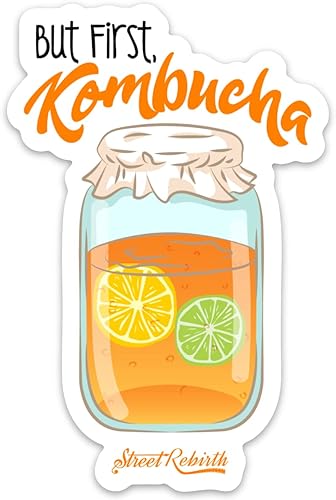 Calcomanía de vinilo impermeable con texto en inglés But First Kombucha, bonita y divertida para amantes de la kombucha, laptop, botella de agua,