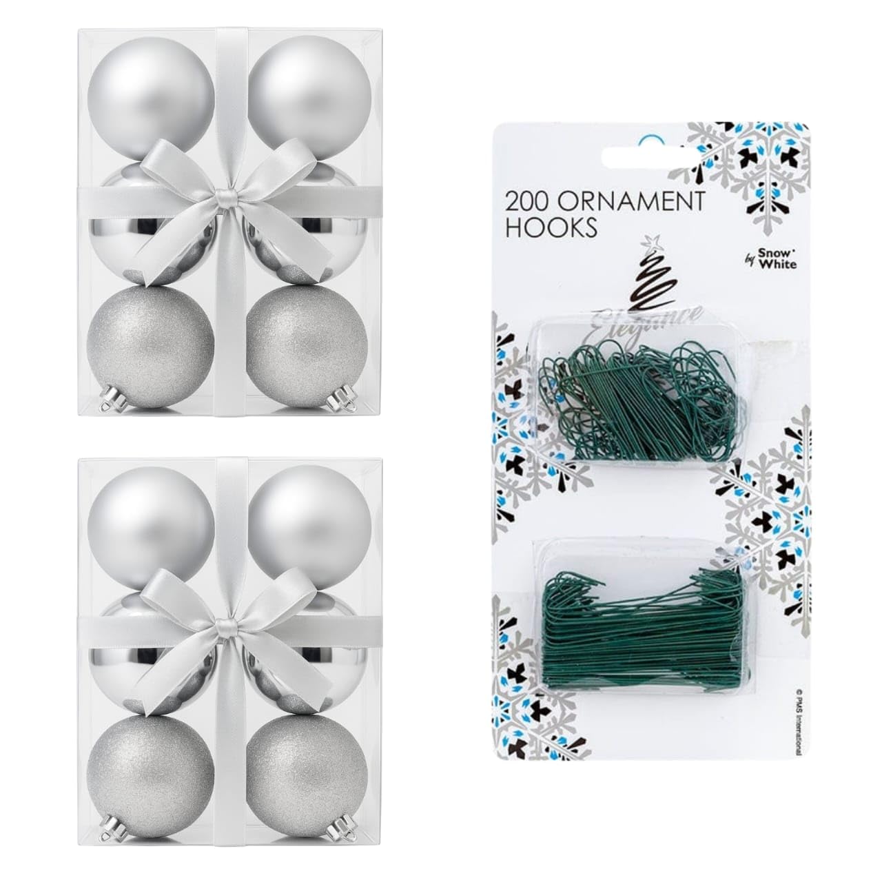 Homesecret 6Cm - 12 Pcs Silver 6Cm/3Cm 12 Pcs With 200 Bauble Hooks Christmas Tree Baubles Multiple Variation In Silver|Shatterproof Glitter Christmas Baubles|Elegant Hanging Ornament Balls For Xmas Tree & Festive Holiday Décor.