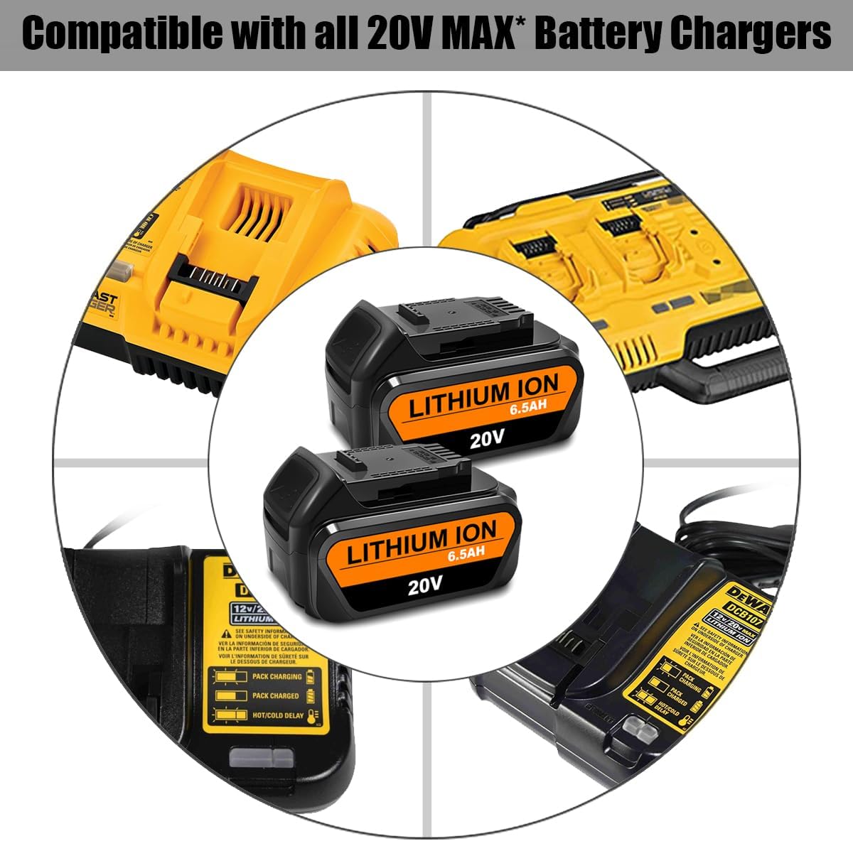 2 Pack 6.5Ah DCB206 20V Lithium Battery Replacement for Dewalt 20V Max Premium 6.0Ah Battery DCB206-2 Compatible with 20 Volts DCD/DCF/DCG/DCS Tools 20V MAX XR 6 Ah Battery DCB206-2