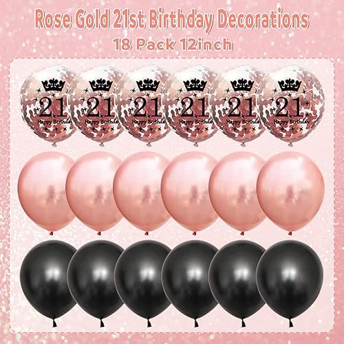 Miniatura 3 de Decoraciones de cumpleaños número 21 para ella, suministros de fiesta de oro rosa para mujeres, pancarta feliz con globos, decoración de telón de