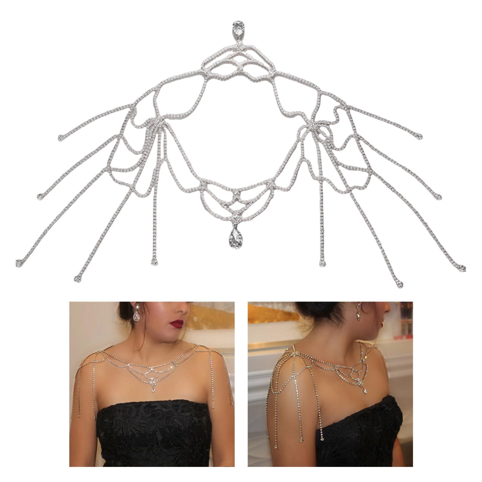 Elegante collana con strass in lega robusta design a frange per abiti da sera casual da indossare tutti i giorni accessori a spalla