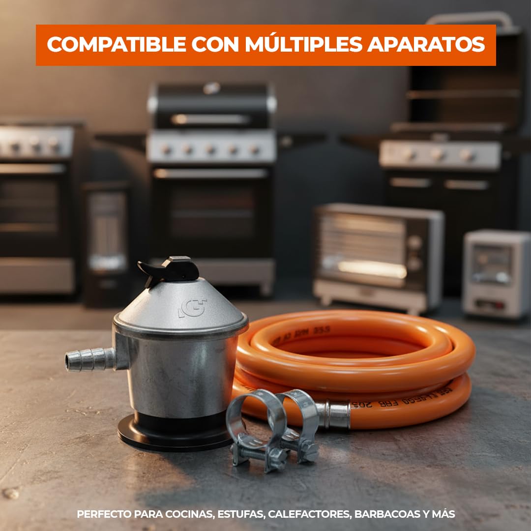 REPORSHOP - Kit Completo para Instalaciones de Gas Butano y Propano - Regulador de Gas con Caudal 2,5 kg/h - Tubo Manguera Butano 1,5 mt Diámetro 9-15 mm - 2 Abrazaderas