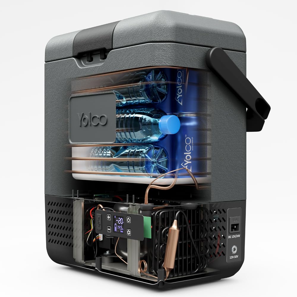 Yolco ET8 Carbon lodówka podróżna mini przenośna elektryczna lodówka z kompresorem 12/24 V DC do samochodu, ciężarówki, łodzi i gniazdka z przyłączem USB, -20°C, szara