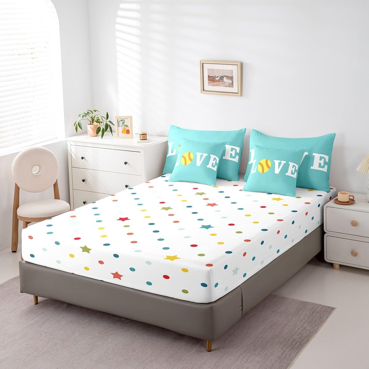 Feelyou Softball Bedding Set for Softball Lover Ball Sports Theme Bedding Twin Comforter Set Girls Women Bright Teal Yellow Room Decorative Comforter Set 7 Piece Twin Size Girly Bed Set Bed in a Bag