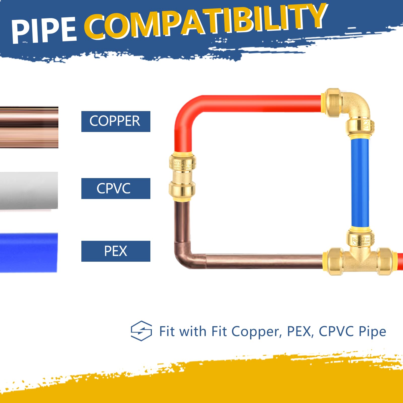 Paquete de 12 accesorios combinados de ajuste a presión de 1/2 pulgada, 5 acoplamientos + 5 codos + 2 piezas en T, empuje para conectar Pex, cobre, CPVC, con clip de desconexión