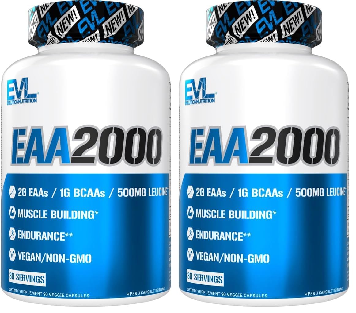 Evlution Nutrition EAA2000 - Pre & Post Workout Capsules - Muscle Building + Recovery Supplement - 2g Essential Amino Acids + 1g BCAAs - Endurance + Energy Support - 30 Servings (Pack of 2) 90 Count (Pack of 2)