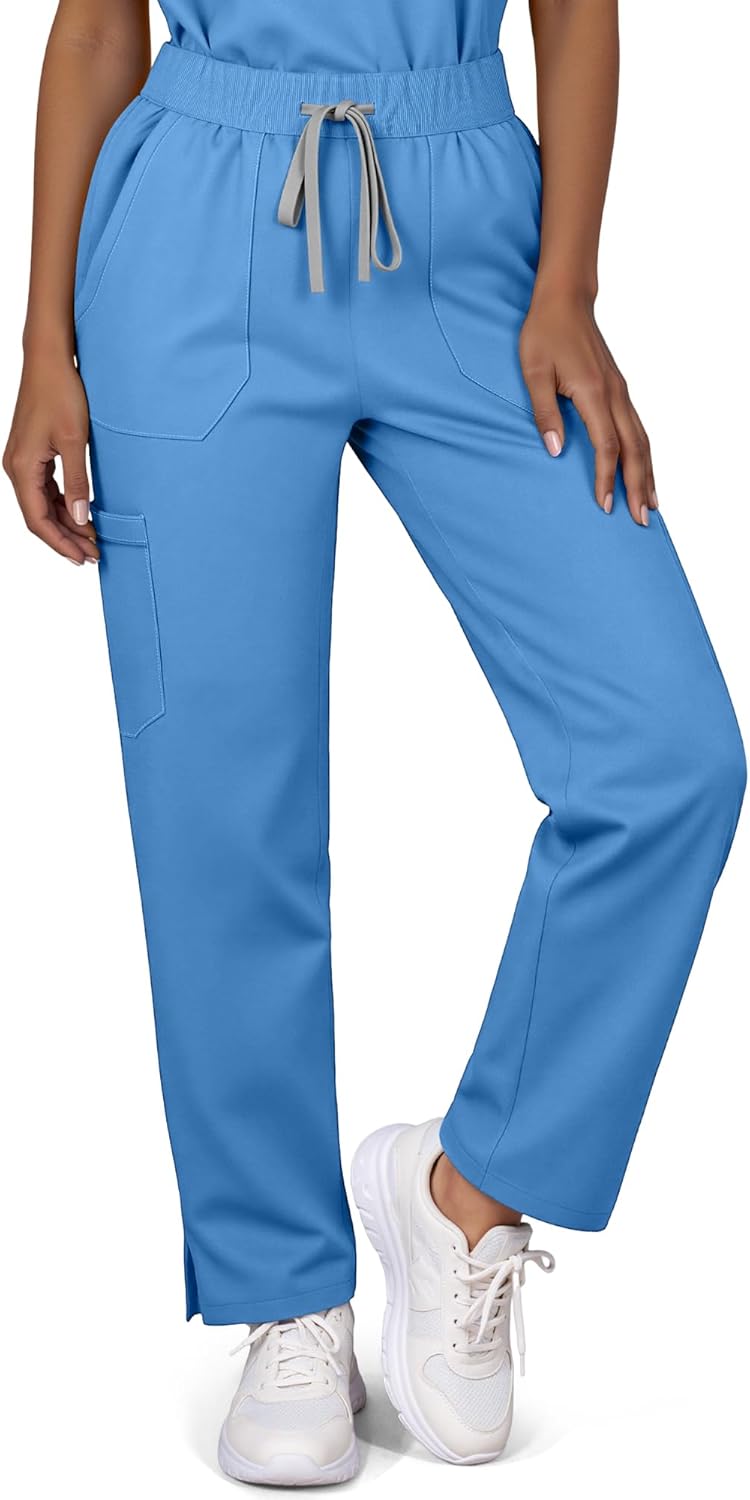 Scrubs Set for Women - Medical Uniform Sets with V-Neck Top & Straight Leg Pants, 9 Pockets, Slim Fit,Utility strap