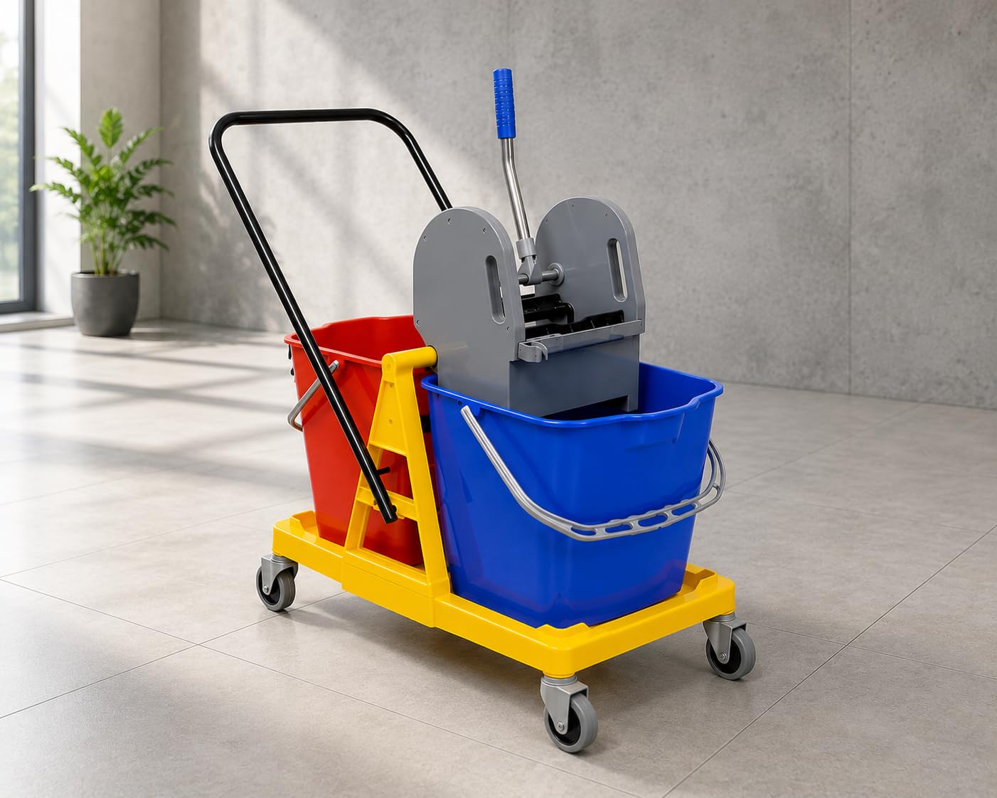 Cubo de Limpieza Doble Morg con Prensa y Ruedas 46L (2x23L), Carro de Limpieza Profesional con Manillar, Cubos Separados y Estructura en Polipropileno Amarillo