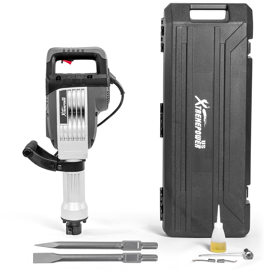 XtremepowerUS 3600W Electric Demolition Jack Hammer with 2 Chisel Bits (Flat &amp; Point) – Construction Concrete Breaker Punch Drill DIY Floor Drill with Case