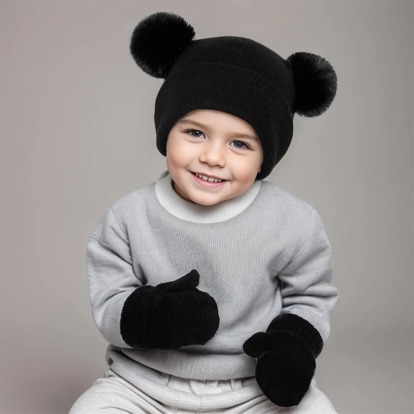 Bonito gorro tejido con bolas de lana for bebés, conjunto de guantes en otoño e invierno, gorro con protección de oídos for bebés, gorros con pompones dobles for niños y niñas(M 1-4 years,Pink)