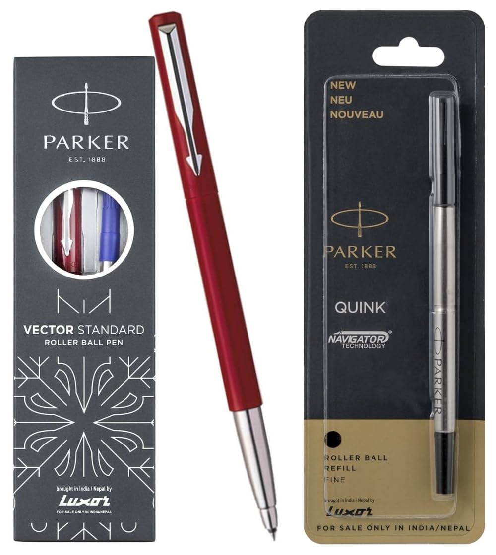 ParkerParker Vector Chrome Trim Roller Ball Pen in red with blue ink and a refill for precision writing.