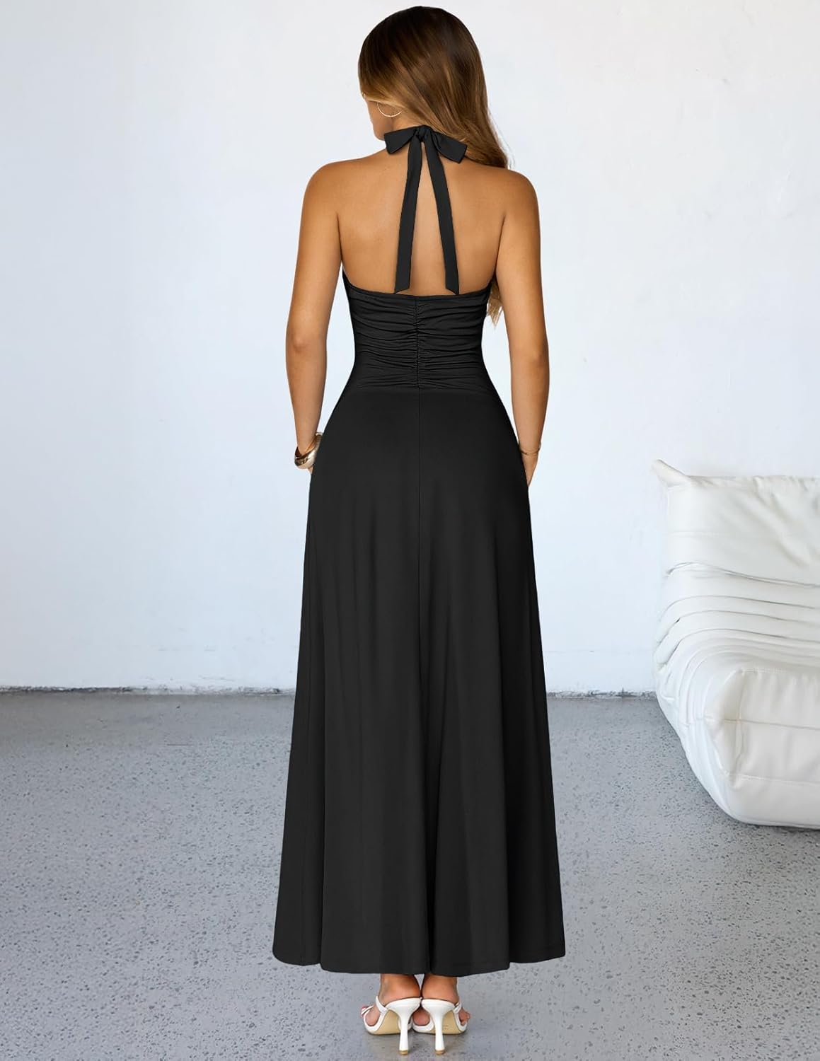 MEROKEETY Women's Formal Halter Maxi Dress 2026 Summer Backless Sleeveless V Neck Ruched Cocktail Wedding Guest Dresses - Image 3