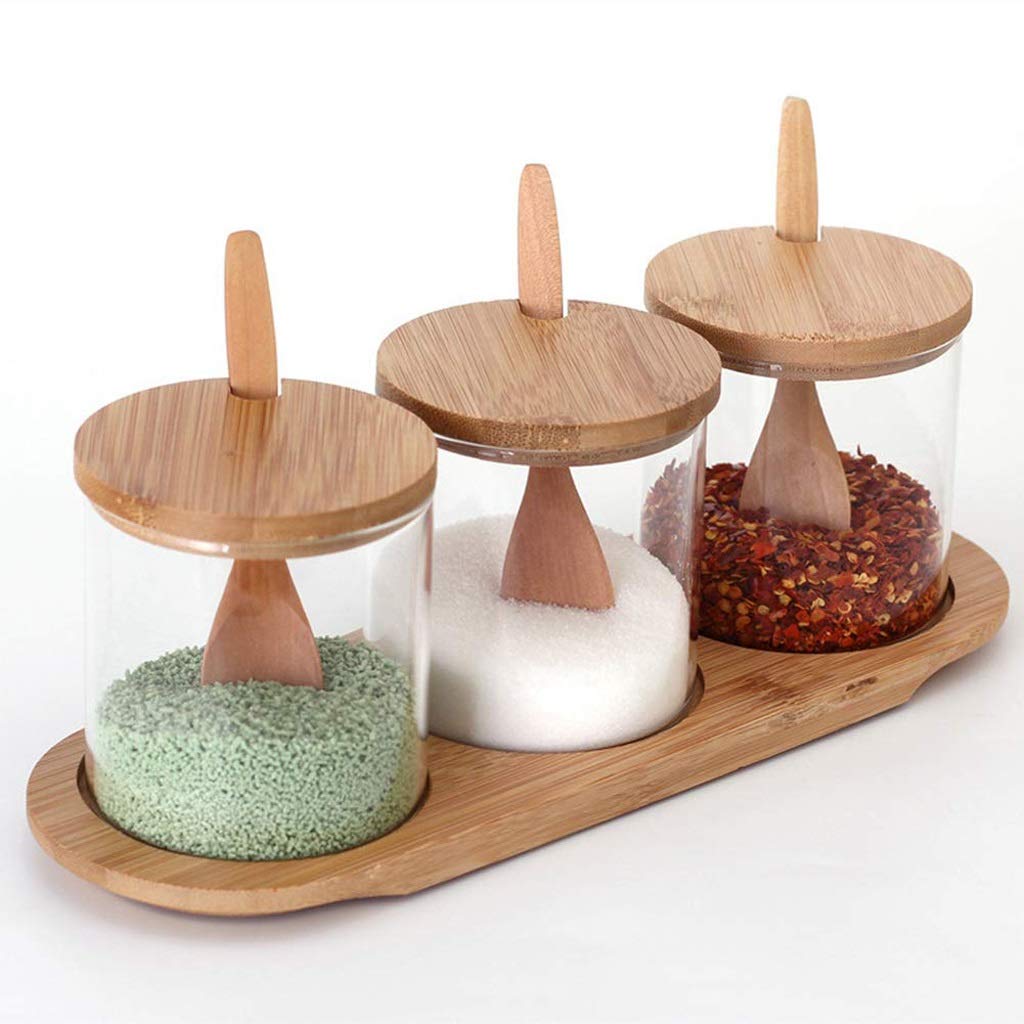HRWLY Kitchen Glass Seasoning Box with Lid and Spoons - Clear Storage Containers Condiment Jars Set with Base for Serving Spice