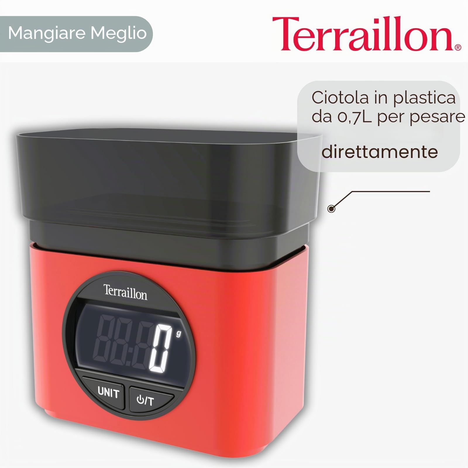 TERRAILLON - BA22 MITICA - Bilancia da cucina elettronica, design iconico e retrò, ciotola integrata 0,7L, grande schermo LCD, display numeri, funzione tara, rosso