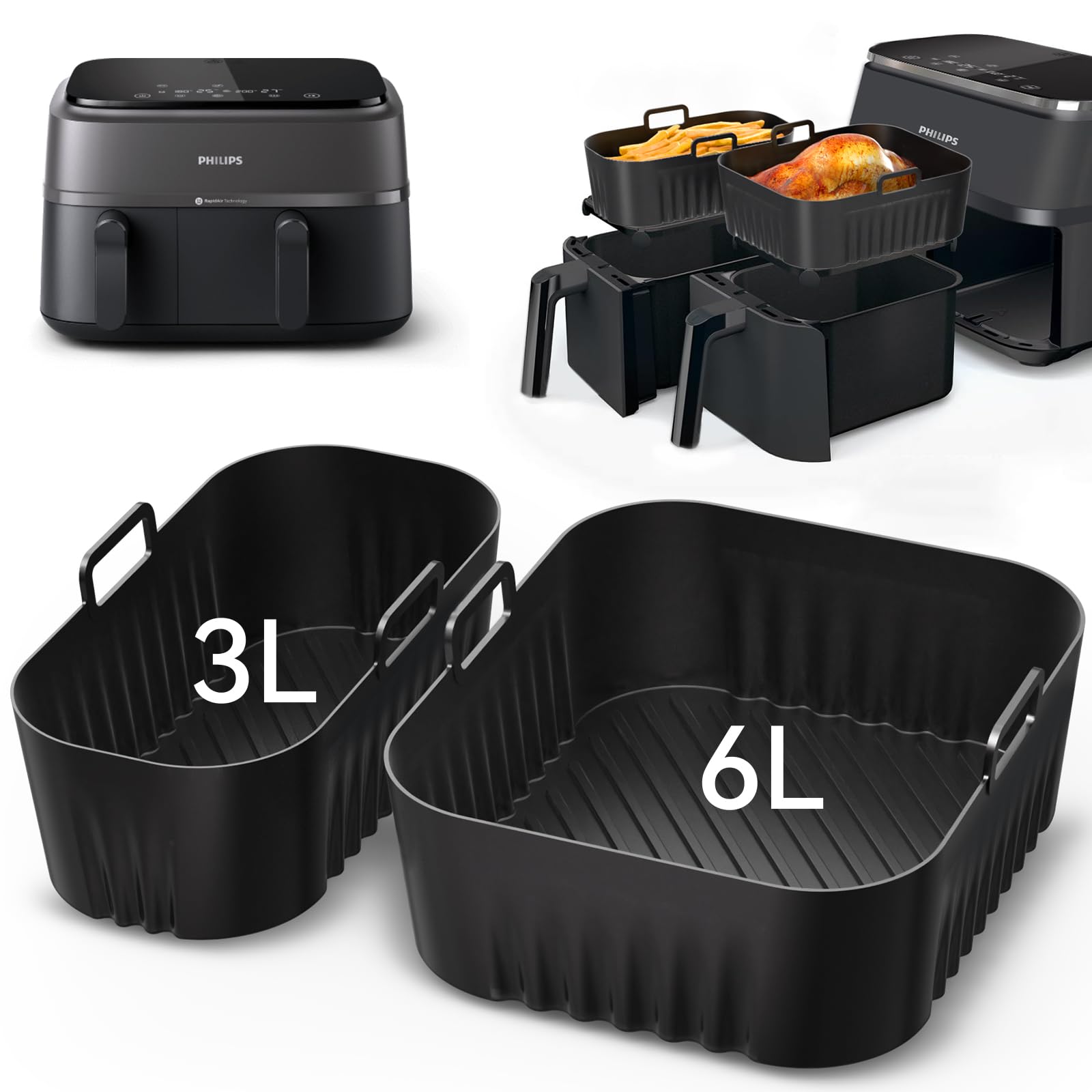 ROMANVIC Heißluftfritteuse Zubehör für Philips Dual Basket Airfryer 3000-serie 6L/3L,2 Stück Heißluftfritteuse Silikonform Airfryer Zubehör für Philips Airfryer Dual Basket 3000