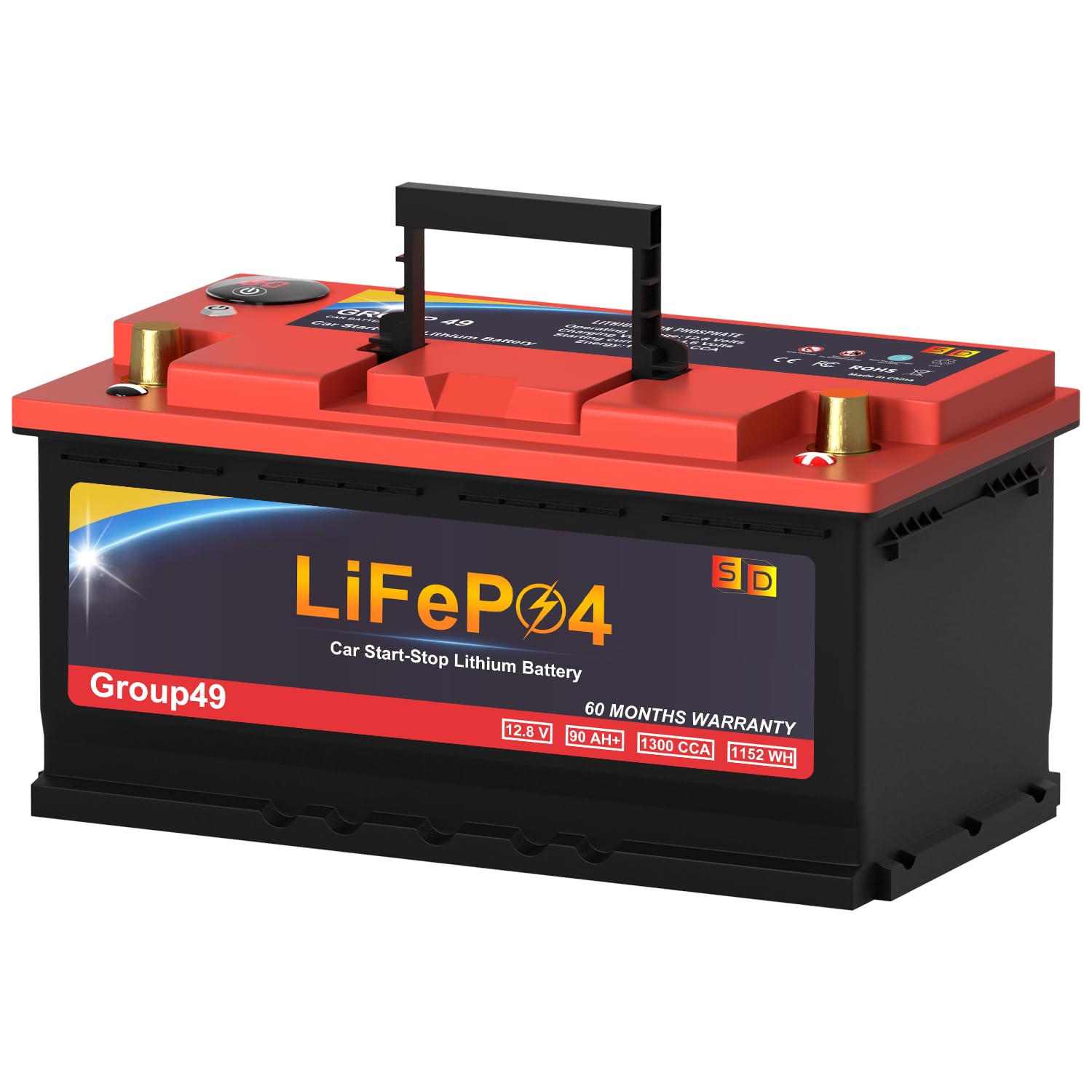 LiFePO4 Lithium Car Battery, 12V 90AH 1300CCA Group 49 Starting-Stop Battery, Built-in Smart BMS, Perfect for Automotive Car, 60 Months Warranty