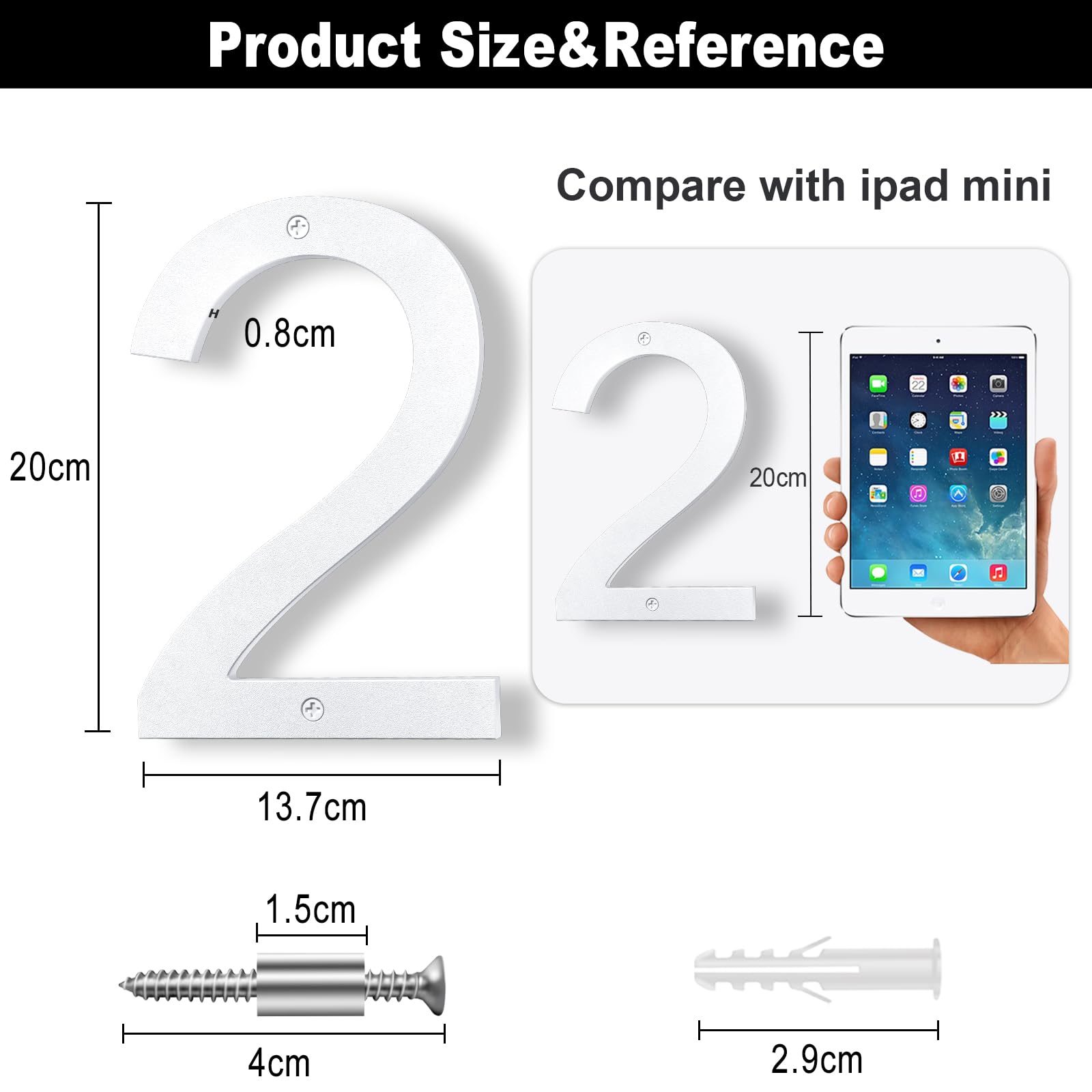 Numero civico esterno 20 cm bianco, Numero grande da parete con effetto galleggiante 3D, design moderno in plastica ABS resistente alle intemperie (2)